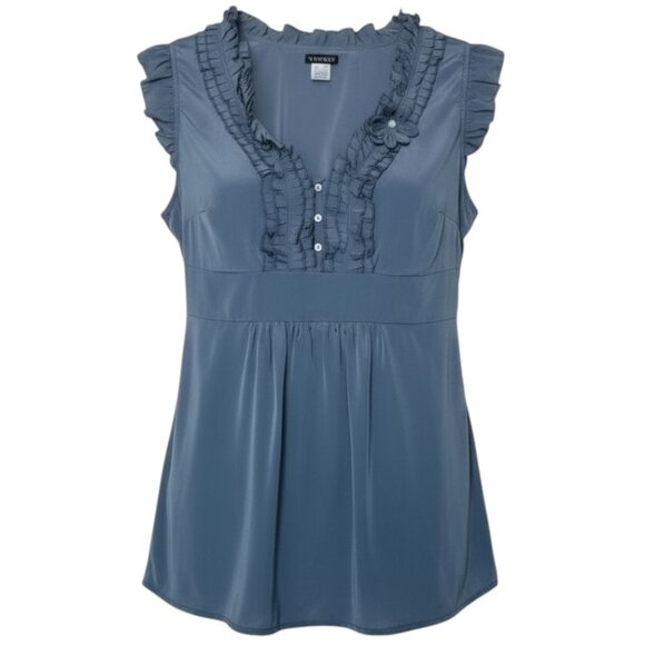 Venus Size 14 Blue Gray Metallic Ruffle Collar Short Cap Sleeve Top - Picture 1 of 10